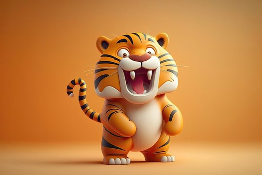 Cute 3D cartoon of tiger character. Generative AI