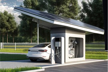 An electric car charging at a solar powered station. Generative AI - obrazy, fototapety, plakaty