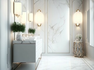Background of an abstract luxury modern bathroom with a white marble counter surface for advertising and product promotion. Generative AI