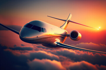 Fototapeta na wymiar Flying on a private jet at sunset. Created with Generative AI technology.