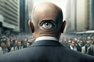 Conspiracy, total control or intelligence concept. Man with an eye in the back of his head on a background of people crowd. Created with Generative AI technology.