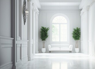 Fototapeta premium a white, pampas covered hall in traditional design. Generative AI