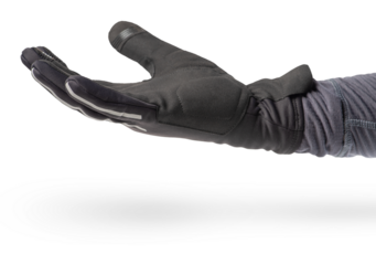 Hand in a glove of a cyclist or motorcyclist. Hand in a black glove isolated on a white background, located palm up.