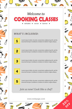 Template Of Banner - Welcome To Cooking Classes! Flyer With Information About What Is Included In Culinary Courses. Poster With Invitation - Join Us Now, Cook Like A Chef! Advertising Vector Leaflet