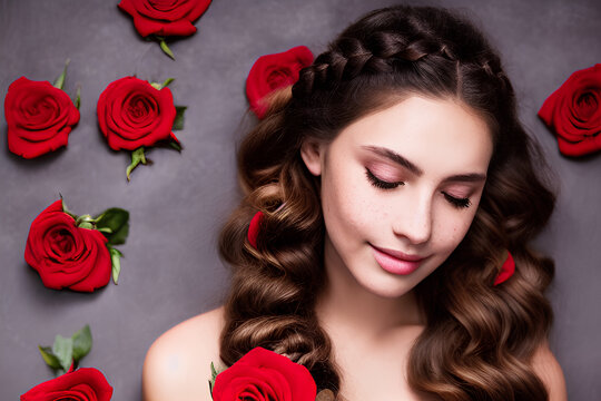 Beautiful sensual woman with red roses. Perfect model for Valentine's day holiday. Created with help of AI.