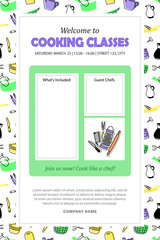 Template for invitation to cooking classes. Banner, poster with culinary courses schedule and blank space for info about guest chefs and what's included in masterclass. Advertising leaflet layout.