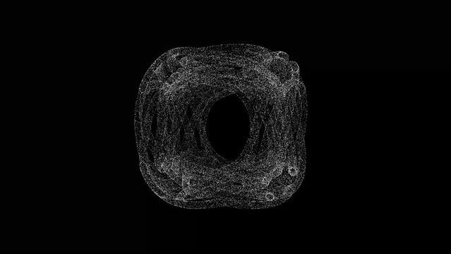 3D abstract alien cube rotates on black background. Object consisting of white flickering particles 60 FPS. Science concept. Abstract bg for title, presentation. Screensaver. 3D animation.