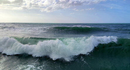 Horizontal sea panorama for turquoise background, big wave with white foam