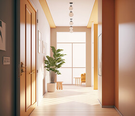 Warm colors are used in this architectural illustration of the inside corridor. The interior design mockup is illustrated. Nordic style hall apartment. Generative AI