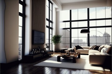 Luxury interior living room with big bright windows and good view sofa furniture
