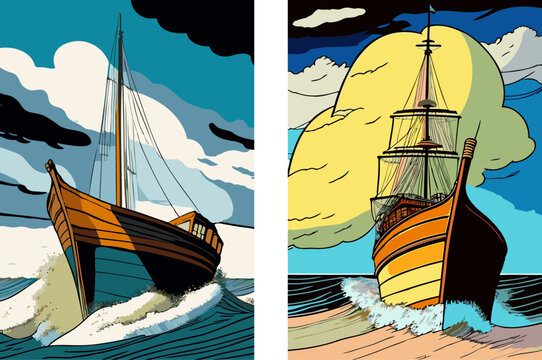 Ship with sails on the waves with water splashes in the sea or ocean over starry sky and moon light illustration in vector. Digital high detailed fantasy landscape drawing