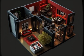 Luxury interior living room with big bright windows and good view sofa furniture
