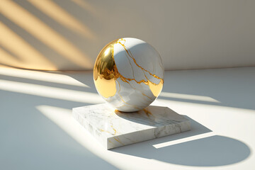 Background for products overlay that appears realistic. A close up of a spherical, gold rimmed, premium marble stand. The shadow cast by the sun on the white wall behind. Premium, Mockup, Spa, and Bea
