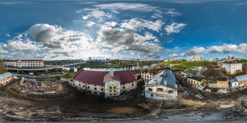 aerial view full hdri seamless spherical 360 panorama over construction site of old abandoned...