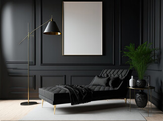 Mockup of a large, all black bedroom interior with a lamp and a chaise lounge on a white wall. Generative AI