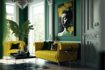 Luxury interior living room with big bright windows and good view yellow sofa furniture
