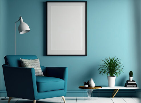 Simple blue living room interior with furniture and empty white mock up poster. Mock up,. Generative AI