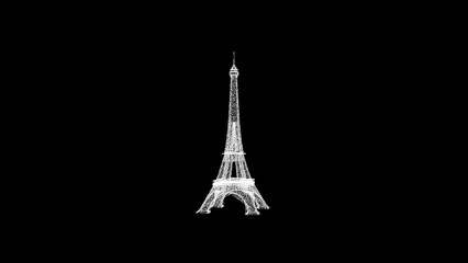 3D Eiffel Tower rotates on black background. Object consisting of white flickering particles 60 FPS. Science concept. Abstract bg for title, presentation. Screensaver. 3D animation - Powered by Adobe