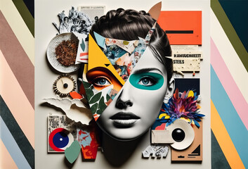 Abstract modern art collage portrait of young woman. Trendy paper collage composition. Generative ai