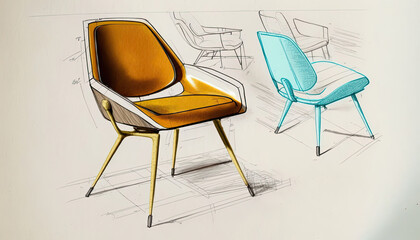 Mid-Century Modern Chair Industrial Design Sketch - AI-Generated