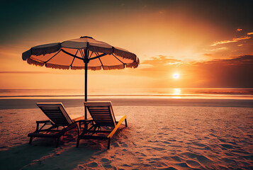 Tropical beach in sunset with beach chairs and umbrella created with AI