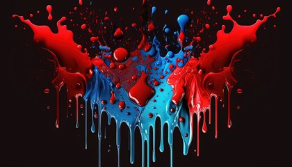 Generative AI: Ink Drenched Drama: Acrylic Blue & Red Paints Make a Splash on Black Canvas