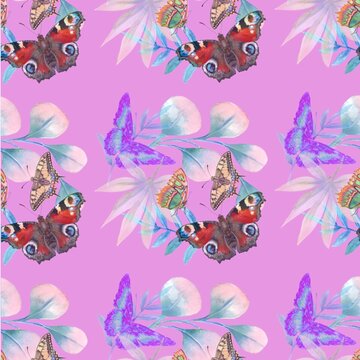 seamless pattern with butterflies on pink background 