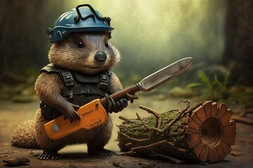 Beaver with chainsaw, concept of Industrialization and Resourcefulness, created with Generative AI technology - obrazy, fototapety, plakaty