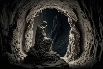 Bored angel in a cave, concept of Lonely and Desolation, created with Generative AI technology