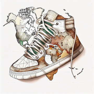 sneakers with a painted a globe with maps of countries and oceans isolated on white, for advertising banners of travel agencies, travel companies, excursions, 3d illustration