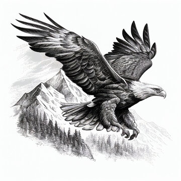 Eagle flying over the mountains, black and white illustration, engraving style, for design, print, textile, t-shirts, tattoo 