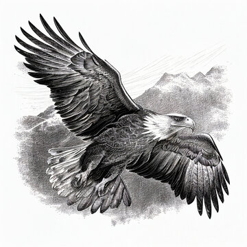 Eagle flying over the mountains, black and white illustration, engraving style, for design, print, textile, t-shirts, tattoo