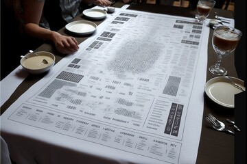 Electronic paper tablecloth that displays an interactive menu at a restaurant, concept of Interactive Display and Digital Menu, created with Generative AI technology