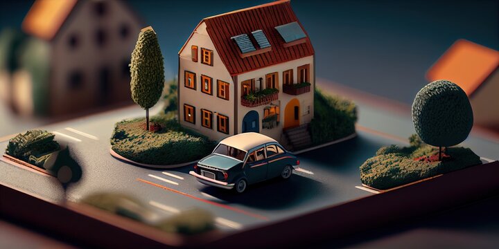 modern generic contemporary style miniature model of villa house neighborhood with tilt-shift focus technique