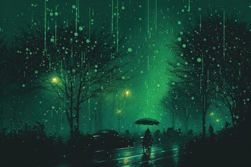Green glowing rain falling from the sky, concept of Aurora Borealis and Refraction of Light, created with Generative AI technology