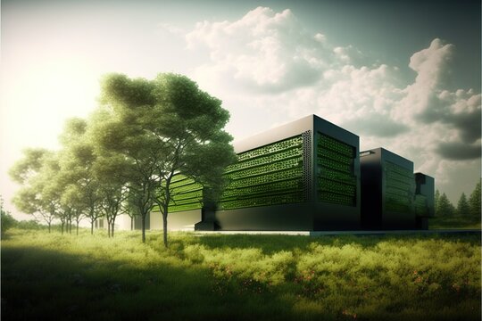 Green data center for sustainable tourism operations, concept of Energy Efficiency and Scalability, created with Generative AI technology