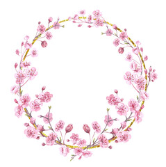 Watercolor Spring wreath of blooming pink cherry blossoms, flower frame