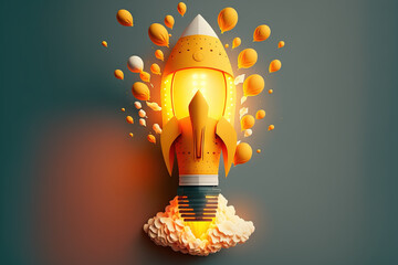 Innovative concepts and creative thinking. Flying rocket lightbulb with painted backdrop. illustration. Generative AI
