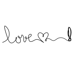 Calligraphic inscription of word "love" and exclamation mark as continuous line drawing on white background