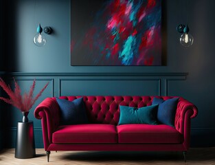 Accent lounge area in a large living room. Blue navy and red burgundy accent colors. Empty dark blue paint wall and bright cobalt royal cyan couch. Mockup modern interior design home. Generative AI