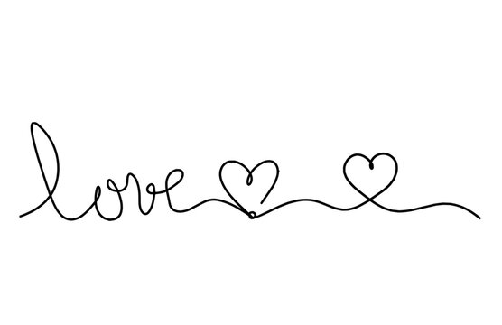 Calligraphic inscription of word "love" and heart as continuous line drawing on white background