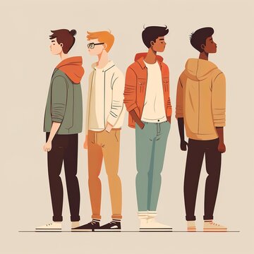 Different Boys Stand Side By Side Together. Flat Vector Illustration Hair Model Pants Glasses Hand In Pocket Generativ AI