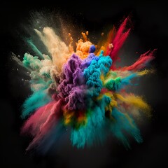 Explosion of colored paint powder. Colorful background. Abstract splash of rainbow colors black design style smoke dirt smog spray Generativ AI