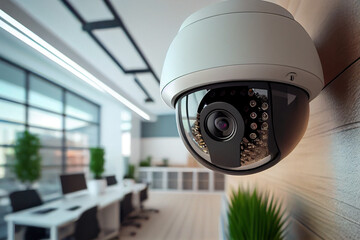Nahaufnahme einer Überwachungskamera, in einem Büro Gebäude - Generative Ai - obrazy, fototapety, plakaty