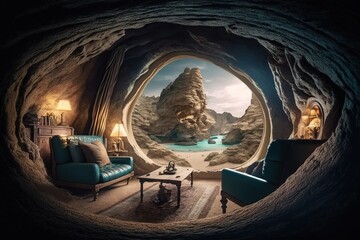Luxury apartment inside a cave, concept of Exotic Ambience and Opulence, created with Generative AI technology