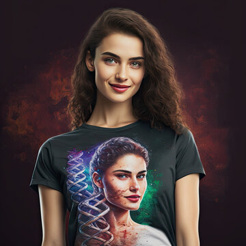 AI Generated Image Of a  beautiful woman young sceintist with DNA painting on her T-shirt