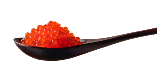 A hill of red salmon caviar in a large wooden spoon on a transparent background. isolated object