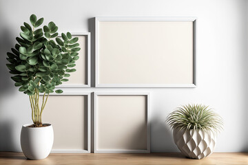 Mockup of four blank horizontal frames next to an ornamental plant. 3d illustration, interior design,. Generative AI