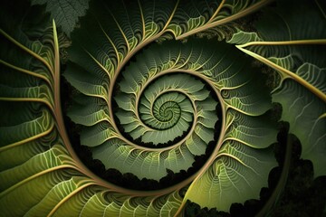 Spiral leaves, concept of Swirling Pattern and Curved Lines, created with Generative AI technology