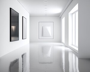 Interior of a spotless, lit gallery with a blank, white mock up banner and floor reflections. Generative AI